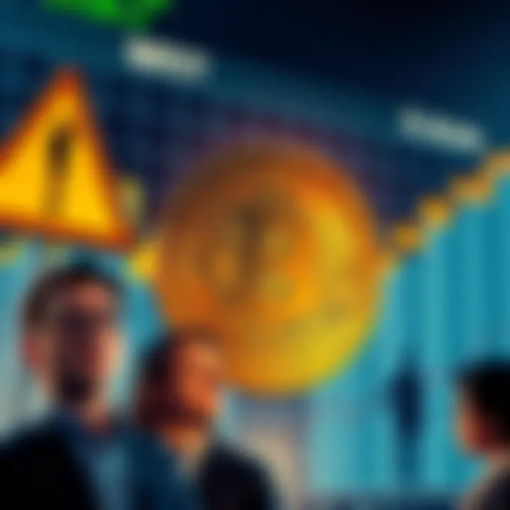 A chart showing Bitcoin's price increase with symbols of caution, like a warning sign, alongside images of people looking worried about investing.