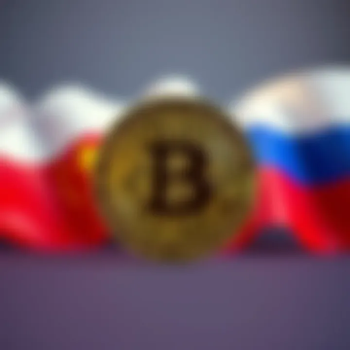 Bitcoin symbol with the flags of China and Russia behind it, symbolizing the connection between them in the cryptocurrency world.