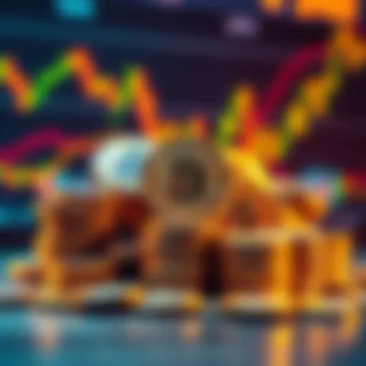 A pile of shiny Bitcoin coins stacked high, representing a significant cryptocurrency investment, with a digital currency chart in the background showing price fluctuations.