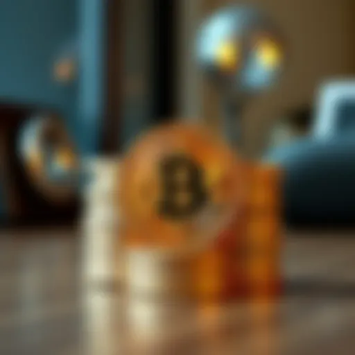 A close-up of shiny Bitcoin coins stacked on a wooden table, showcasing their design and value perception in the economy.