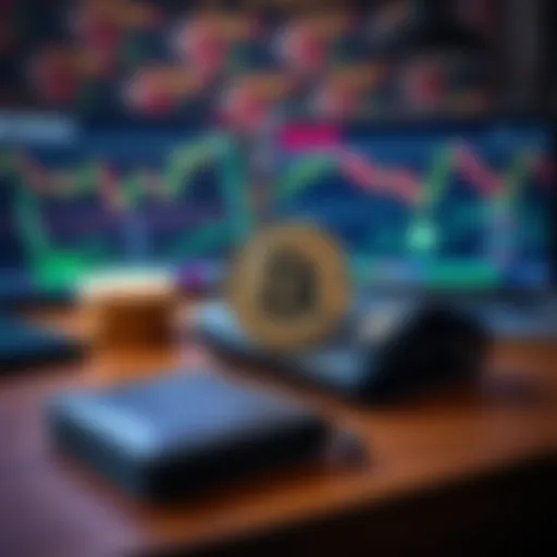 A Bitcoin cold wallet device placed on a wooden desk with a laptop in the background showing a cryptocurrency trading site