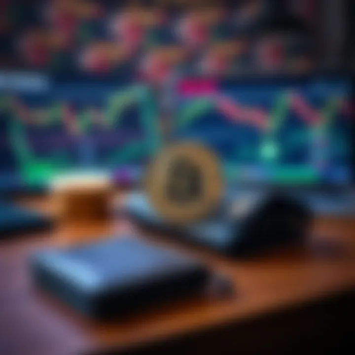 A Bitcoin cold wallet device placed on a wooden desk with a laptop in the background showing a cryptocurrency trading site