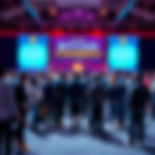 A group of people discussing cryptocurrency at the Bitcoin++ Conference in Toronto, with banners and digital screens in the background.