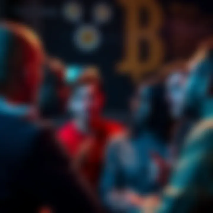 A group of people engaged in a discussion about Bitcoin, showing a mix of reactions like skepticism and curiosity.