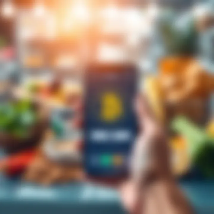 A hand holding a smartphone displaying a Bitcoin wallet app, surrounded by coffee and groceries, symbolizing everyday spending.