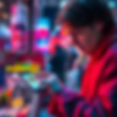 A person trying to make a purchase with Bitcoin on a smartphone, showing confusion with a digital wallet app.