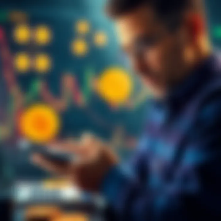 A person analyzing Bitcoin charts with a calculator, comparing daily and weekly DCA strategies, surrounded by crypto symbols and graphs.