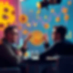 A group of Bitcoin enthusiasts arguing passionately about cryptocurrency, surrounded by dollar signs and charts, illustrating whataboutism in discussions.