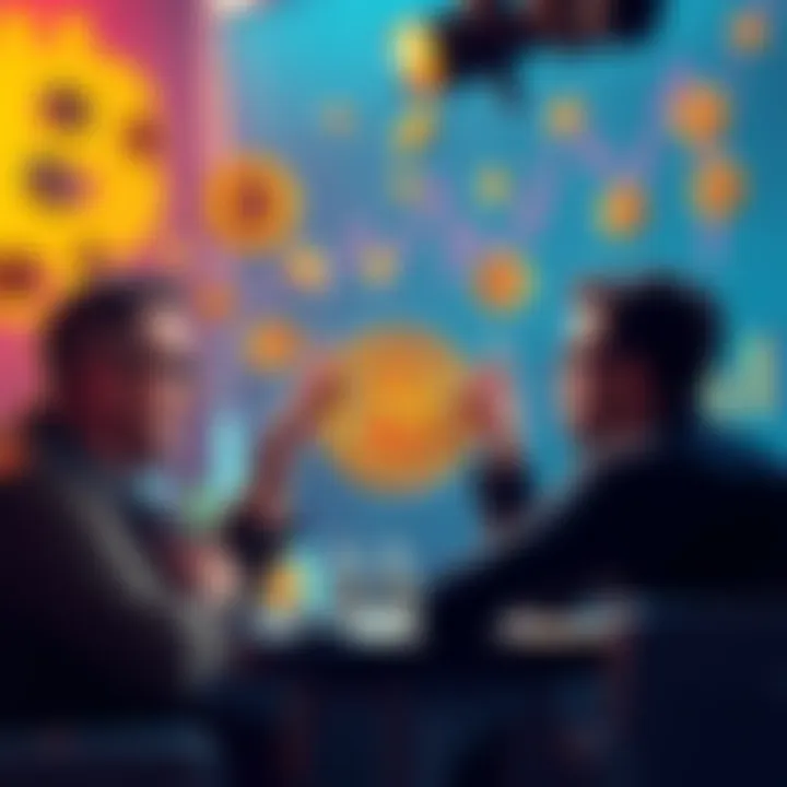 Bitcoin Debate A group of Bitcoin enthusiasts arguing passionately about cryptocurrency, surrounded by dollar signs and charts, illustrating whataboutism in discussions.