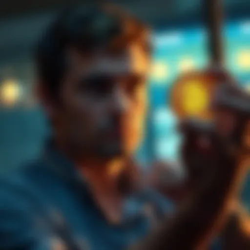 A person contemplating leaving their job with Bitcoins in hand, symbolizing the choice between job security and cryptocurrency investment.