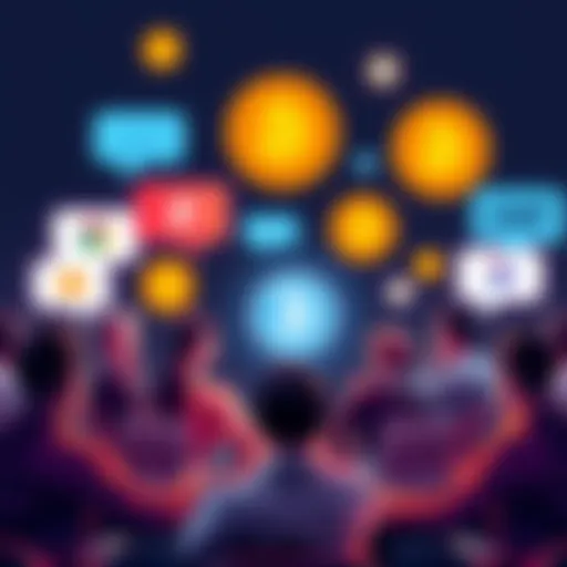 Group of people engaging in a Bitcoin discussion online with chat bubbles and logos