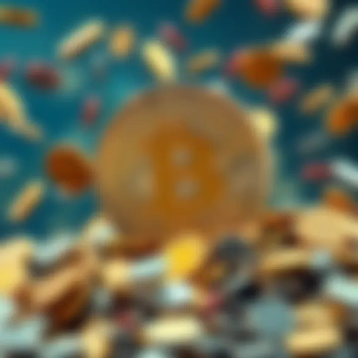 A Bitcoin symbol surrounded by falling coins, representing its decline as a currency and rise as a speculative asset.