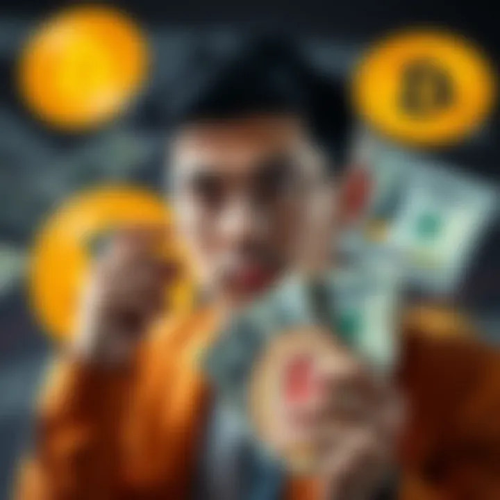 An individual contemplating selling Bitcoin for cash, with Bitcoin symbol and dollar bill in the background.