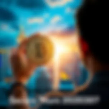 A person holding a physical Bitcoin while looking towards a bright city skyline, symbolizing financial hope and independence in the 2030s.