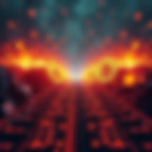 A digital representation of a Bitcoin fork with contrasting paths, highlighting human greed and technology conflict.