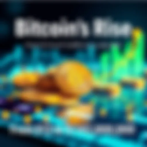 Visual of Bitcoin coins showing dramatic rise in value with a graph illustrating increase from low to high over a decade