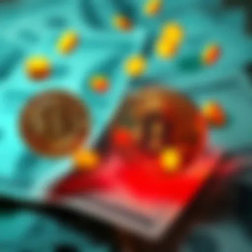A digital artwork depicting floating Bitcoin symbols over a blurred background of dollar bills, symbolizing the contrast between digital currency and real money.