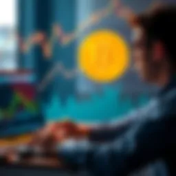 A person contemplating investing in Bitcoin with a laptop and charts showing rising trends