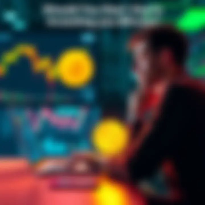 A person contemplating investment in Bitcoin with a laptop and cryptocurrency charts on the screen.