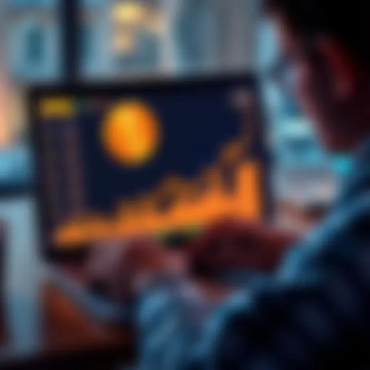 A person looking at a rising Bitcoin chart on a laptop, considering investment opportunities in cryptocurrency.