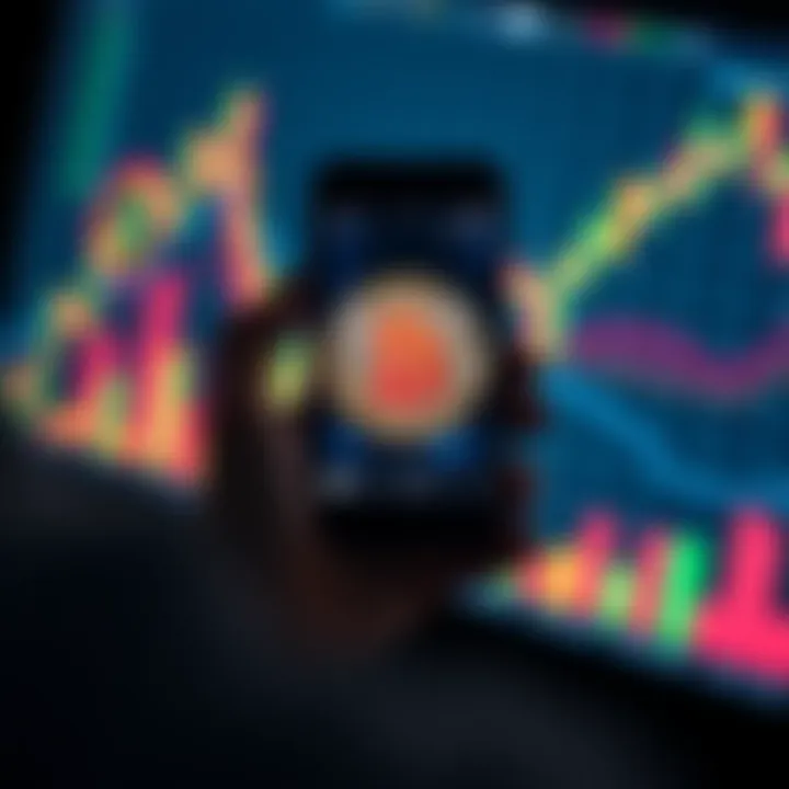 A person holding a smartphone displaying a Bitcoin symbol with financial graphs in the background.