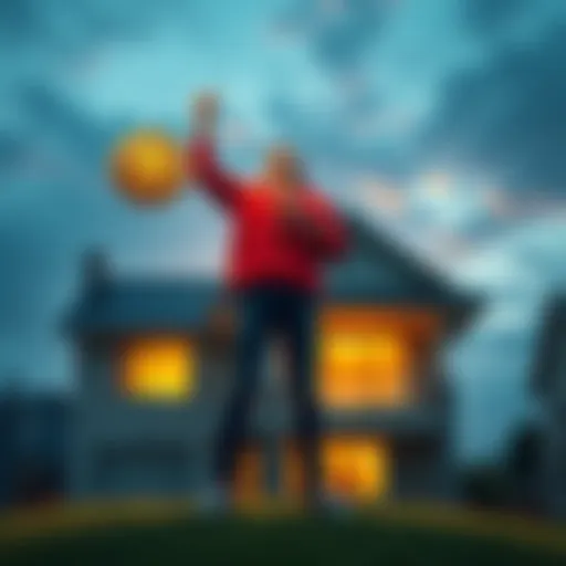 A person stands excitedly holding a Bitcoin symbol above a sold house, pondering a big investment choice