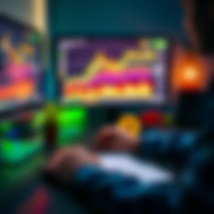 A person looking at a computer screen displaying Bitcoin graphs and charts with a calculator and notepad on the desk.