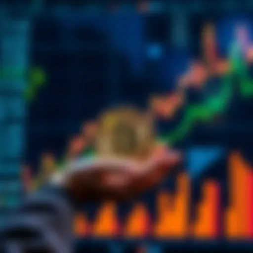 A person holding a Bitcoin symbol with a backdrop of growing financial graphs, showcasing a long-term investment strategy.