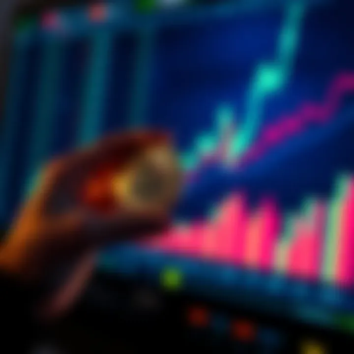 A person holding a coin with the Bitcoin logo while looking at a digital chart displaying upward trends, representing long-term investment in cryptocurrency.