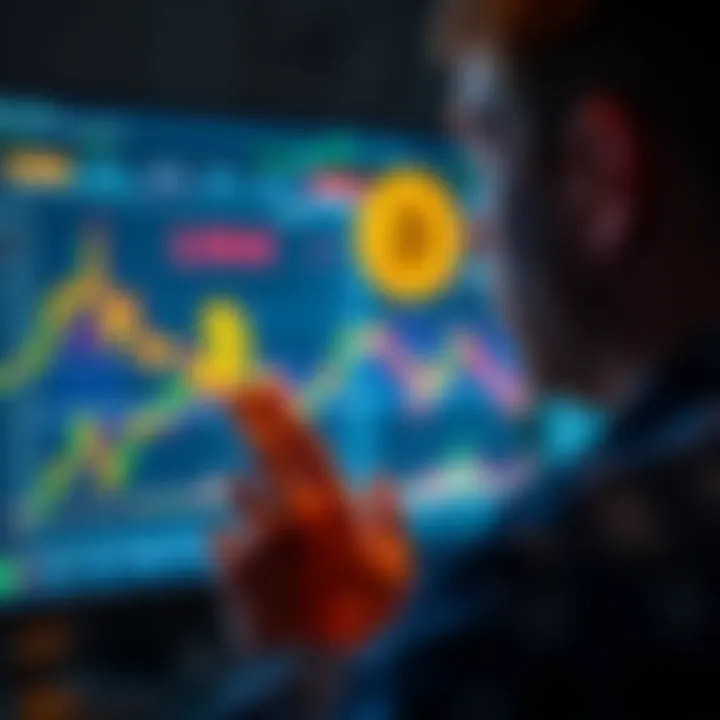 A person looking at a digital screen showing Bitcoin prices and graphs, contemplating their investment strategy.