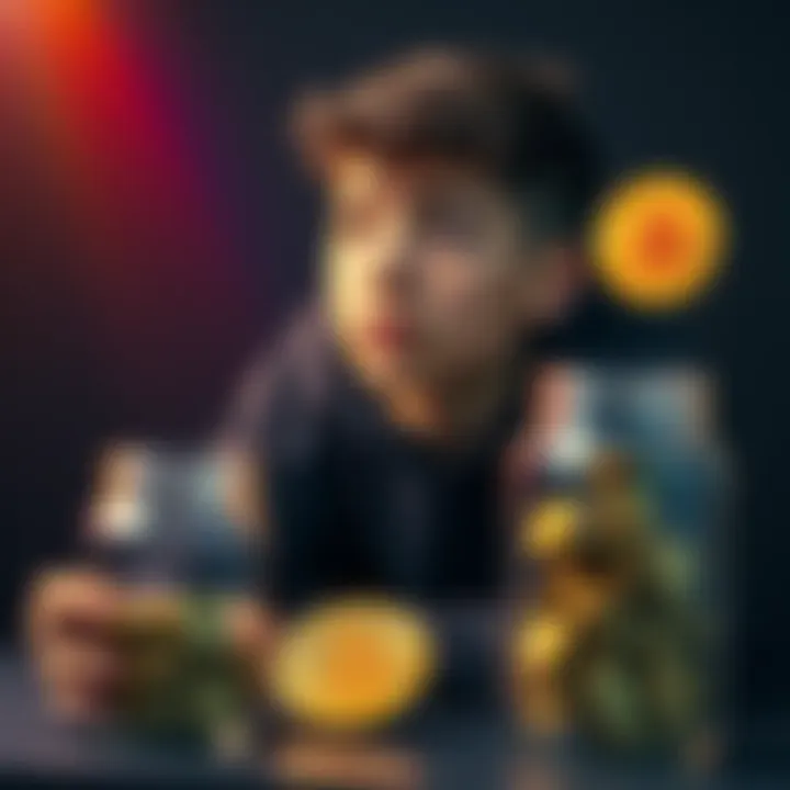 A young person contemplating investing in Bitcoin versus a savings account, with a visual of a Bitcoin symbol and a savings jar.