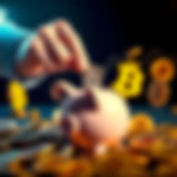 Bitcoin Investment Growth A person placing a small amount of money into a piggy bank with Bitcoin symbols around, symbolizing daily investment.