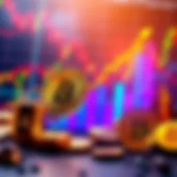A graphic showing upward trends in Bitcoin values with coins and charts in the background