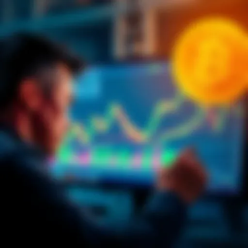 A person looking at a Bitcoin chart on a computer screen, showing fluctuating prices and growth potential, with a skeptical expression.