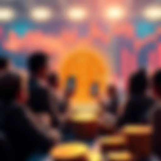 A graphic showing people discussing Bitcoin as an investment option, with coins and charts in the background.