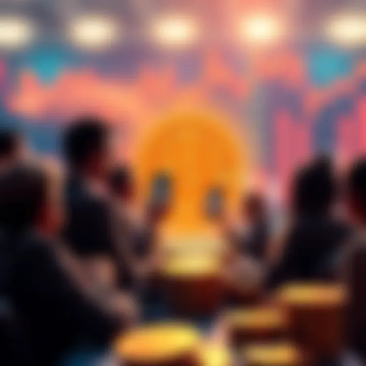 A graphic showing people discussing Bitcoin as an investment option, with coins and charts in the background.
