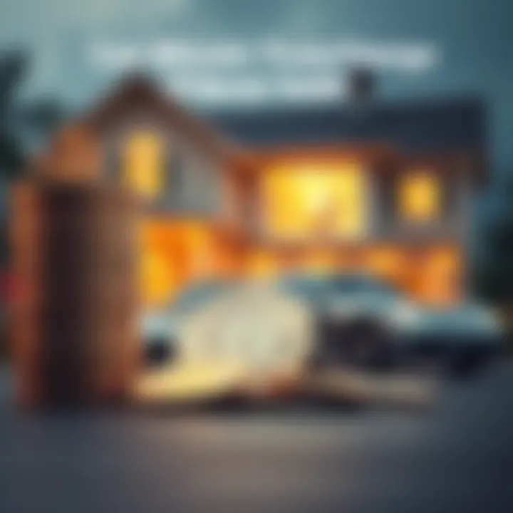 A stack of Bitcoin coins in front of a house and a car, symbolizing financial investment and lifestyle change