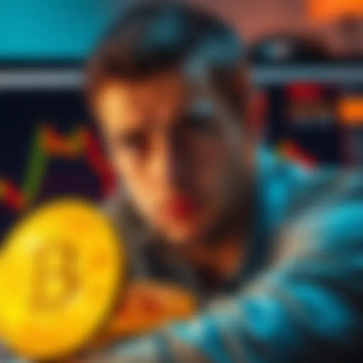 A person looking at a price chart on a computer screen with a disappointed expression, surrounded by Bitcoin coins and dollar bills