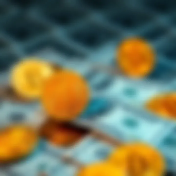 A graphic showing Bitcoin symbols around dollar bills, representing dollar-cost averaging strategies for investment.