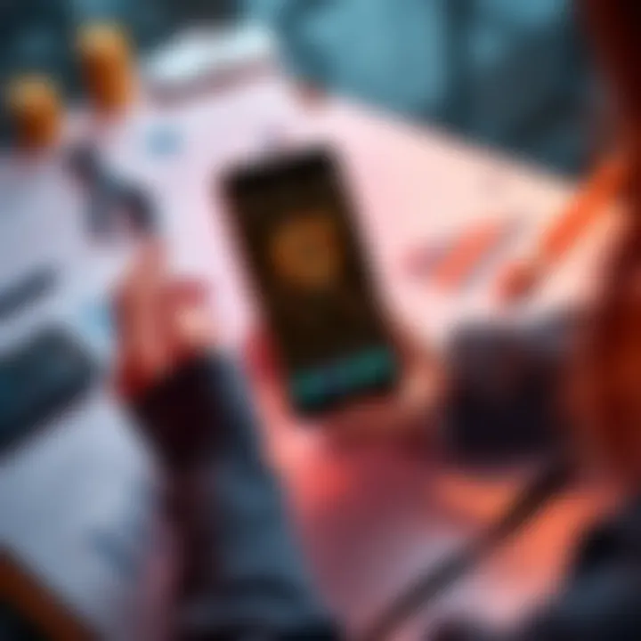 A person analyzing cryptocurrency trends while holding a smartphone displaying bitcoin statistics, surrounded by financial documents and a calculator.
