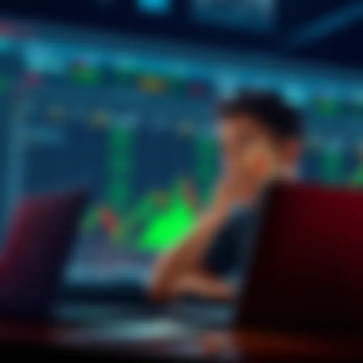 A young investor looking at a Bitcoin chart on a laptop, contemplating market trends and prices, with a thoughtful expression.
