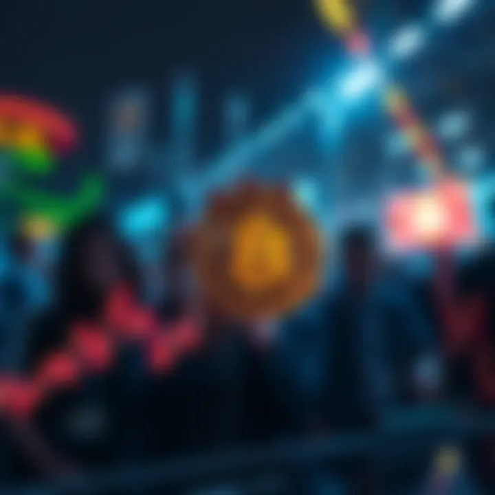 A graph showing Bitcoin price fluctuations with worried investors in the background, reflecting market instability.