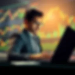 A confident business person analyzing Bitcoin trends on a laptop, with bullish market graphs in the background.
