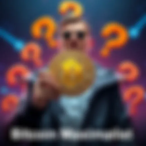 A Bitcoin advocate holding a Bitcoin symbol, surrounded by question marks representing doubts on reliance on a single cryptocurrency.