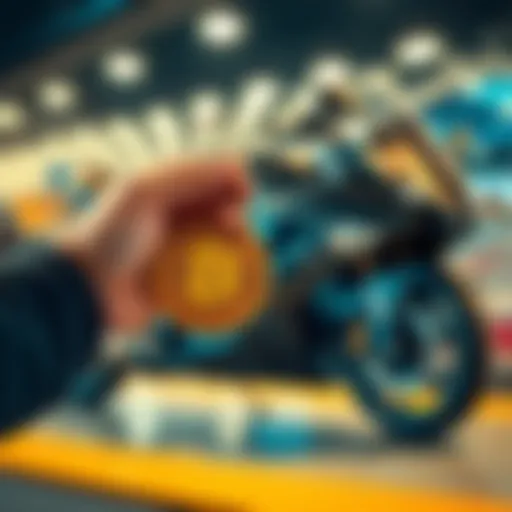 A person holding a motorcycle key in one hand and a Bitcoin coin in the other, symbolizing the sale process