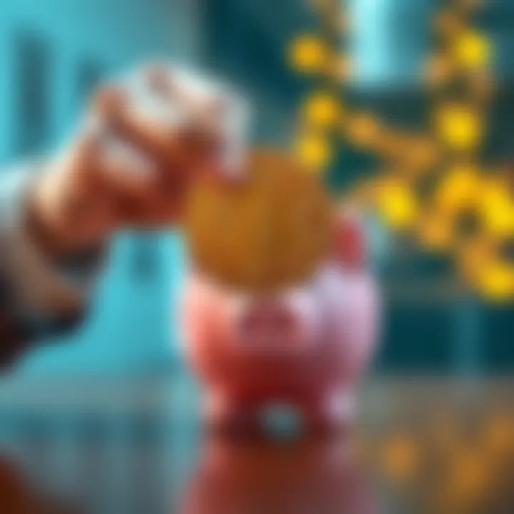 A person holding Bitcoin coins with a piggy bank in the background, representing the concept of using Bitcoin as a banking option.