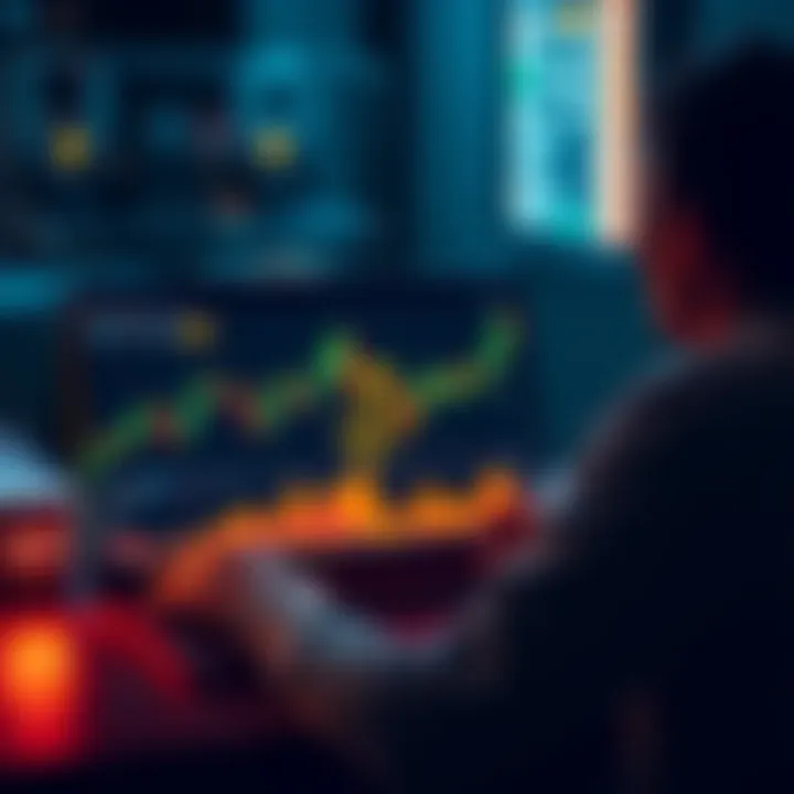 A person looking at a Bitcoin price chart on a laptop, looking concerned about the market trends.