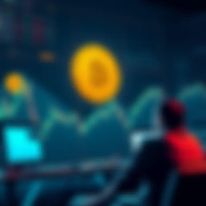 Graph showing Bitcoin price declining, with concerned investors looking at screens.