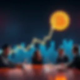 A graph showing Bitcoin's steep price increase, with arrows pointing upward and investors discussing around a table, excited about the potential profits.