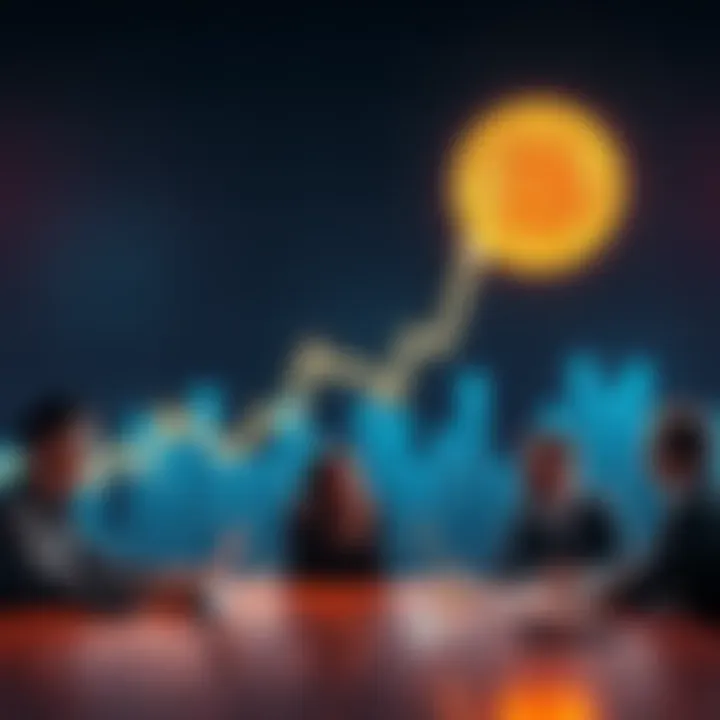 A graph showing Bitcoin's steep price increase, with arrows pointing upward and investors discussing around a table, excited about the potential profits.